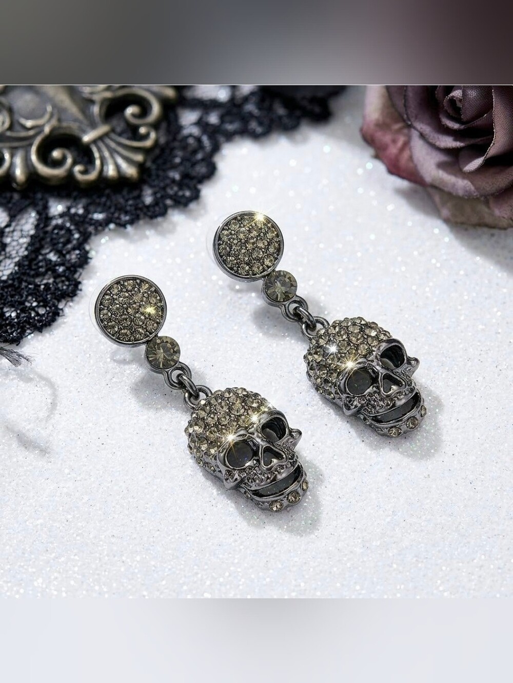 Silver plated dark crystal skull earrings with silver post for sensitive ears